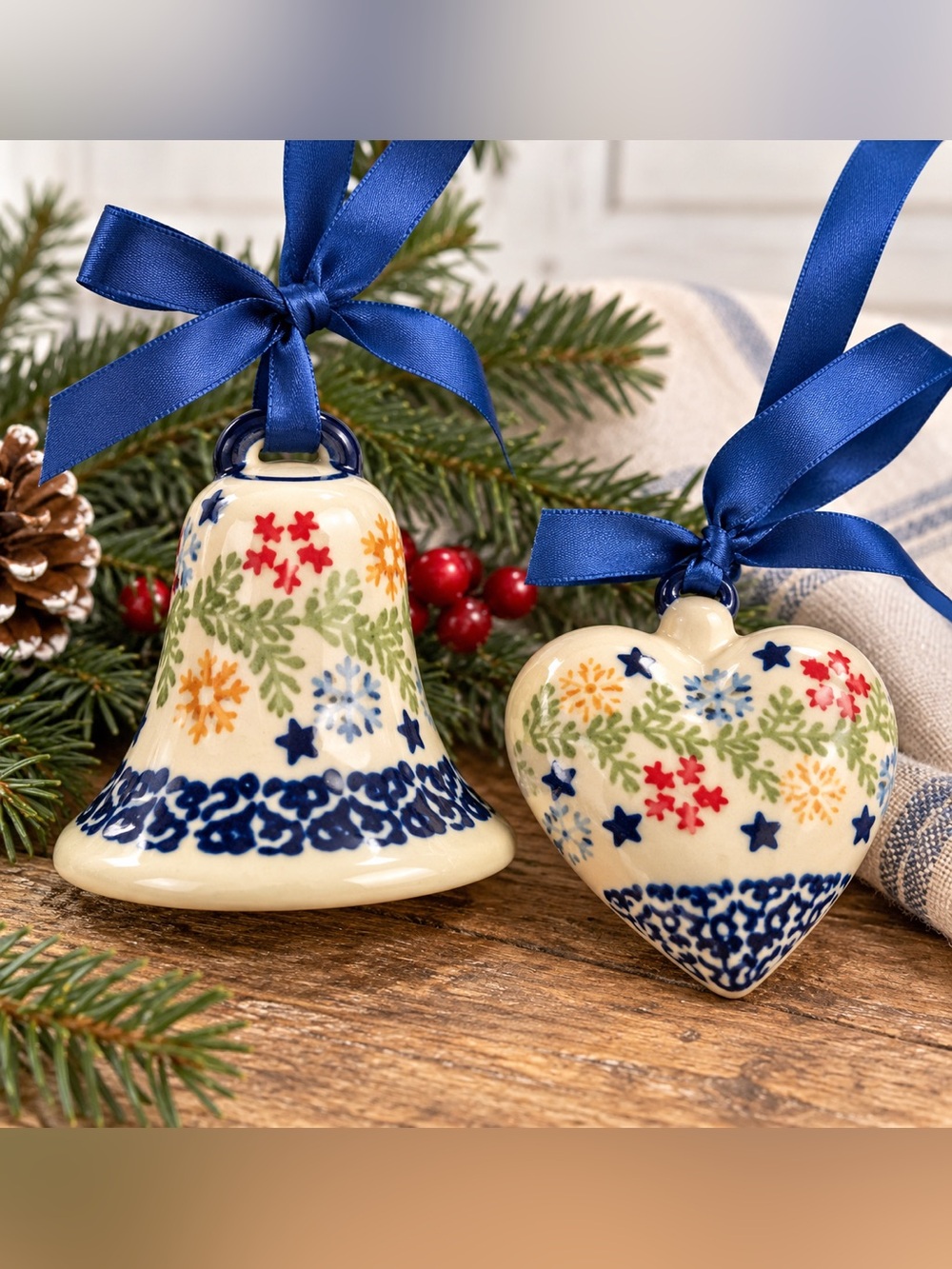 Vintage Manufaktura Boleslawiec J. Skowron Polish Pottery Christmas Bell & Heart
